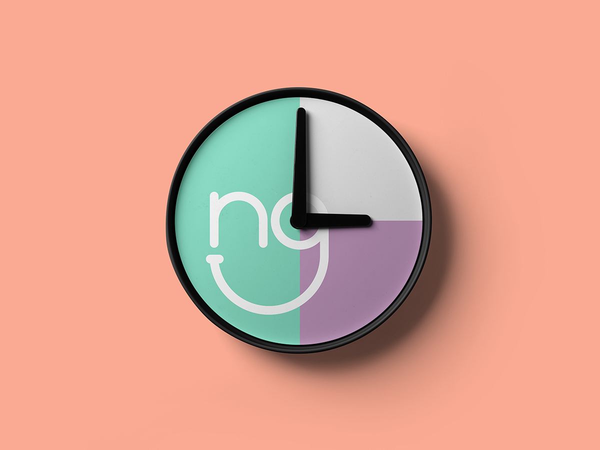 Clock over a pink background with a logo in the center